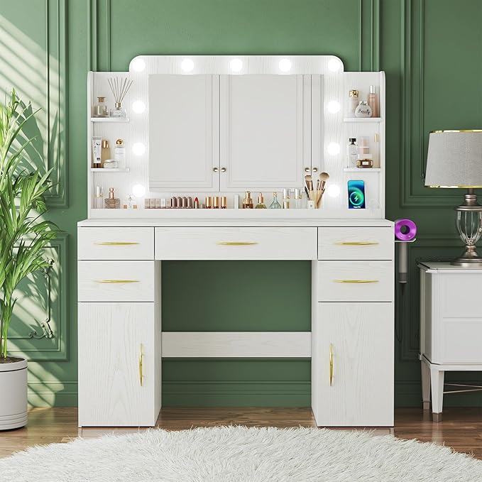 45.5" Vanity Desk with Mirror and Lights, Makeup Vanity with Lights 3 Models Settings & Power Outlet, Vanity Desk with 5 Drawers, 2 Cabinets, Shelves, Makeup Vanity for Bedroom, Antique White