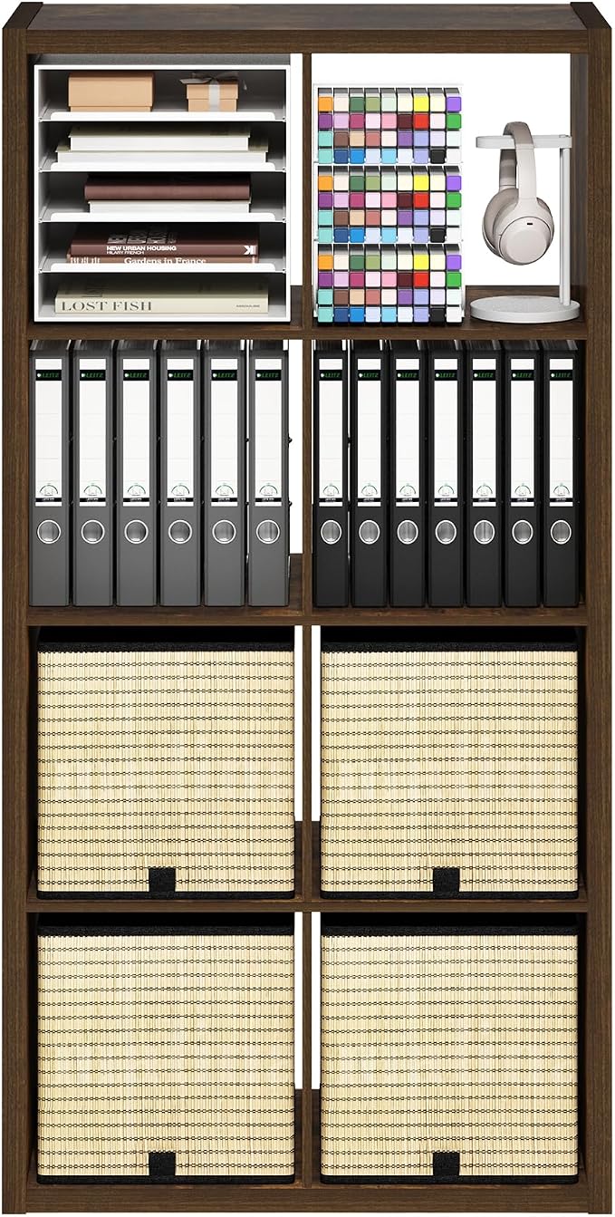 Furinno Cubicle 8-Cube Book Shelf, Extra Thick Frame Bookshelf, Amber Pine | 14.6" x 30" x 58", Horizontally & Vertically Reversible Bookcase with Open Back, for Living Room, Bedroom, Home Office