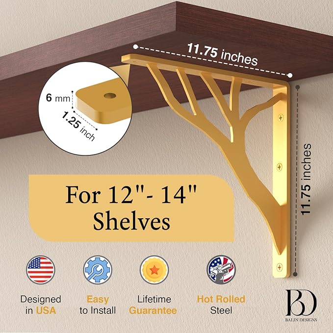 Rustic Tree Brass Heavy Duty Shelf Brackets 12 inch by Balin Designs, Gold Decorative L Brackets, Iron Metal Floating Shelf Bracket, Wall Mount Shelving Bracket, Included Hardware, Set of 2