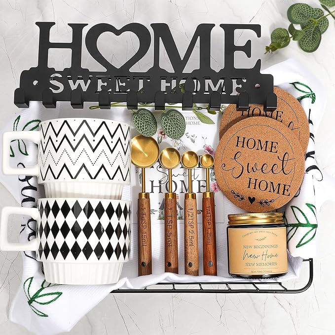 Housewarming Gift Basket for New Home | 13 Pcs Kitchen Essentials Set with Ceramic Mugs, Measuring Spoons, Storage Basket | New Home Gift Ideas | Closing Gifts for Couples & Families