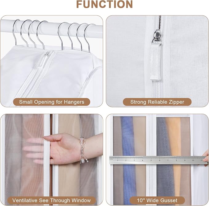 60" Premium Cotton Garment Bag for Hanging Clothes and Storage, Breathable Dress Bags for Gowns with Extra Large 10" Gusseted & Clear Window, Dust Cover with Zipper for Long Dresses, 3 Pack
