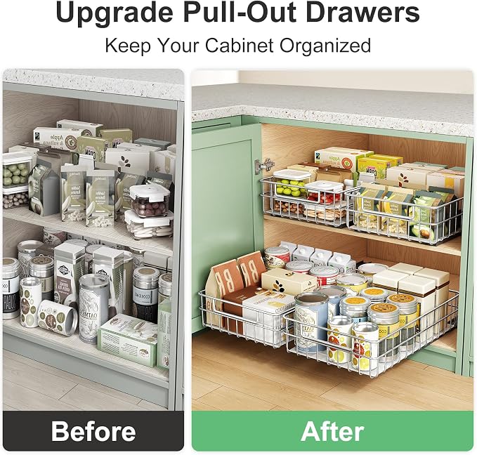 Pull out Cabinet Organizer, Stainless Steel 2-Pack (9.8"W x 16.5"D) Full-Extension Slide out Drawer, Adhesive Roll out Can Spice Storage Basket Shelf Rack for Pantry, Kitchen, Bathroom, Home Closet