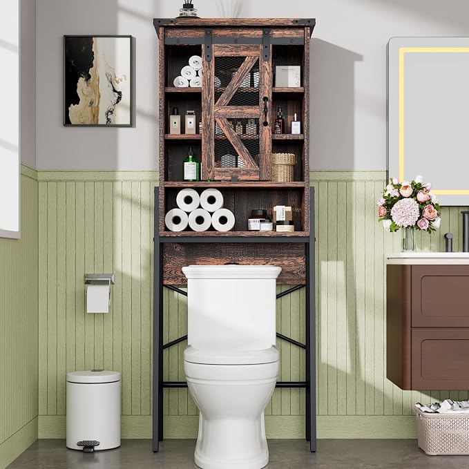 kepptory Over The Toilet Storage Cabinet with Sliding Barn Door, Over Toilet Bathroom Organizer with Adjustable Shelves and Metal Frame, Farmhouse Space Saver The Toilet Rack (Brown)