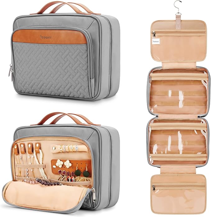 COOSKY Travel Hanging Toiletry Bag for Women, Holds Full-Size Shampoo, with Jewelry Organizer Compartment, Extra Large Makeup Bag, Waterproof Cosmetic Bag, Toiletries Kit Set with Trolley Belt, Grey