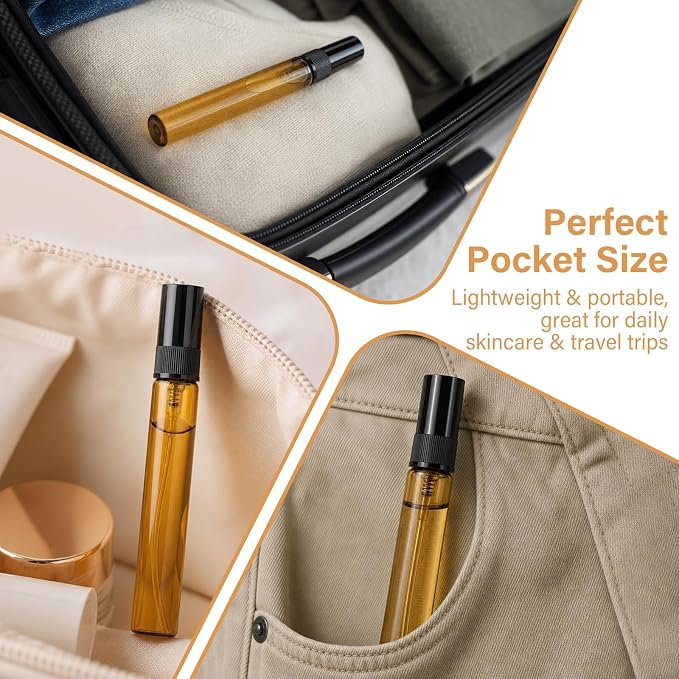 21 Packs Mini Glass Spray Bottles, 10ml Empty Amber Glass Perfume Atomizers | Bulk Refillable Fine Mist Perfume Containers,Travel-size Sample Spray Bottle for Perfume, Essential Oils (Black Caps)