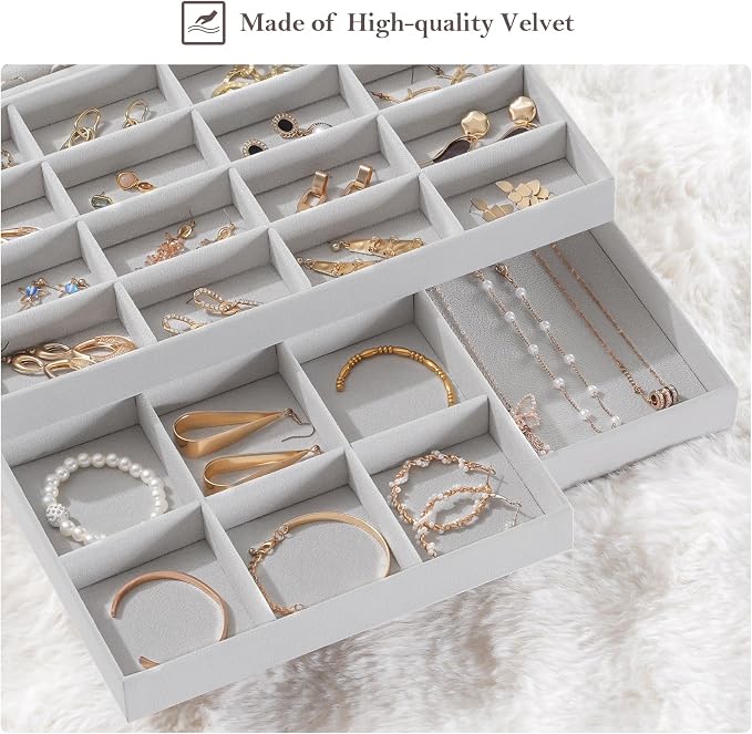 ProCase Stackable Large Jewelry Drawer Organizer, 3 Pack Velvet Jewelry Organizer Tray with Removable Dividers for Earring Necklace Bracelet -Grey