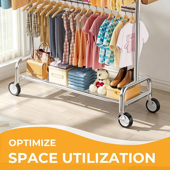 Heavy Duty Clothes Rack Load 860LBS, Double Rods Rolling Clothing Racks for Hanging Clothes, Rolling Garment Rack With Sturdy Wheels Shelves, Portable & Adjustable Commercial Garment Rack, Chrome