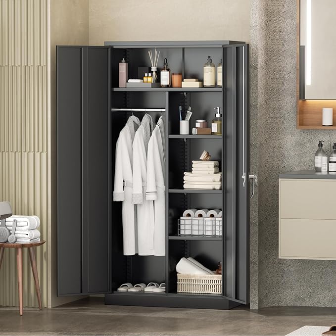 INTERGREAT Wardrobe Cabinets with Locking Doors and Shelves, Clothing Locker Storage Cabinet 72" X 36" X 18" for Home Room, School, Employee, Gym, Black