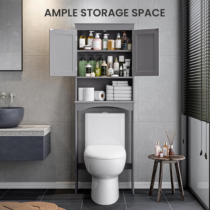 Bealife Over The Toilet Storage Cabinet with Open Shelf - Grey | Over Toilet Bathroom Organizer with Adjustable Shelf and Double Doors, Space Saver Free Standing Storage Shelf for Bathroom