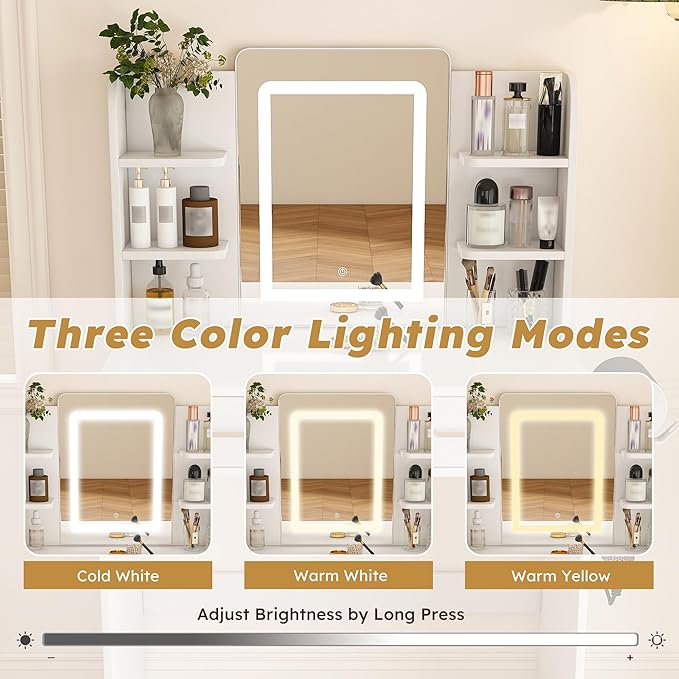 Small Makeup Vanity Desk with Mirror and Lights, Vanity Table with 2 Storage Drawer & Open Shelves, 3 Lighting Colors, Hair Dryer Stand, Adjustable Brightness White Makeup Vanity