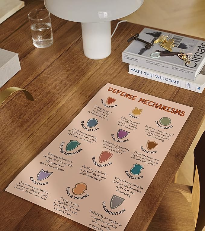LOLUIS Mental Health Poster, Boho Therapy Tools Educational Supplies Art Print Classroom School Office Decor (Defense Mechanisms, Custom Frame Type)