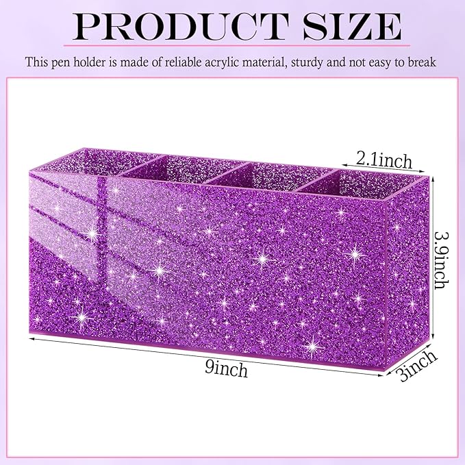 Jetec Acrylic Glitter Purple Pen Holder 4 Compartments Bling Makeup Brush Stationery Organizer Pencil Holder for Desk Accessories Sparkly Gifts for Women Back to School Birthday Desktop Office