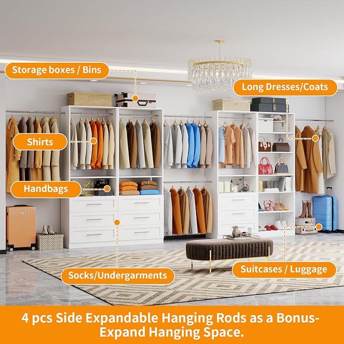 Closet System with 4 Sets, 8FT-21FT Closet Organizer Systems with 9 Drawers 9 Shelves & 5 Hanging Expandable Rods, Walk in Closet Standalone Small Corner Modular Closet Storage System White (8FT)