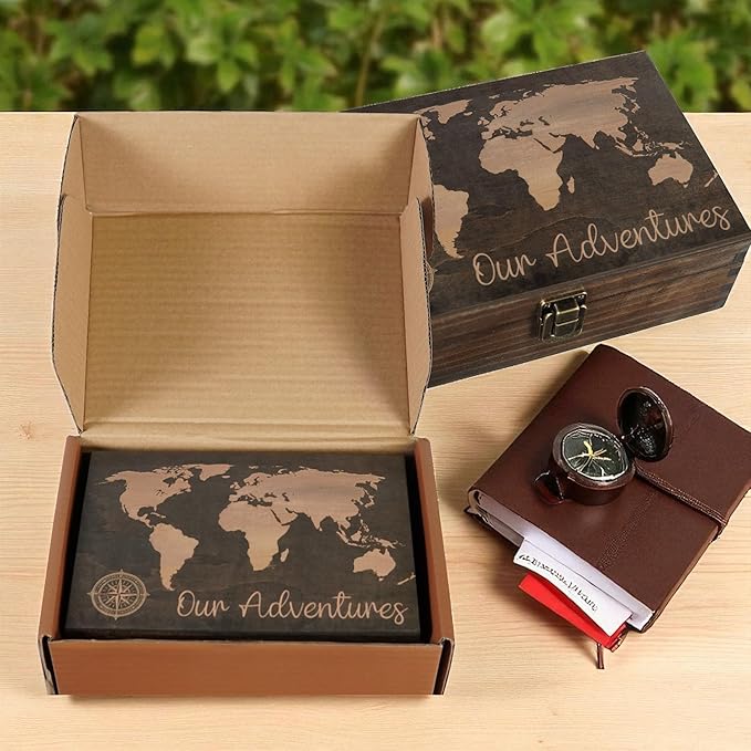 Engraved Adventure Memory Box – Wooden Keepsake Box for Travel Memories, Camping, Couples and Valentine’s Day, Rustic Storage, Medium Size, Dark Walnut – 8.5 x 6 x 3 in