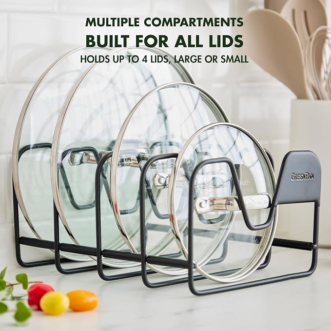 GreenPan Stainless Steel Wire Pots and Pans Lid Storage Rack, Holds 4 Lid Covers, Easy Storage, Countertop or Cabinent Organizer, Minimizes Clutter, Fast Drying, Wipes Clean, Black