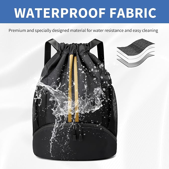 JELUTAR Drawstring Backpack Gym Bag with Shoes Pocket, Black Gold | Water-Resistant String Backpack for Soccer, Basketball, Swim, Beach Cinch for Women Men, 22 L Large Capacity, Wet Pocket