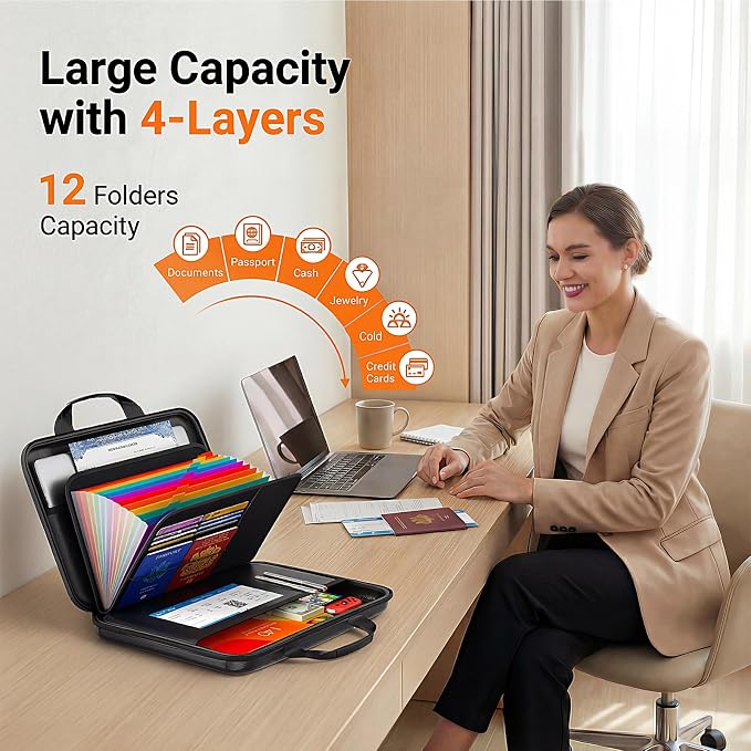 Fireproof Document Organizer with Lock, Rigid EVA File Box with 13-Pocket Accordion Folder for Important Documents & Tablets under 11", Lightweight Safe Storage for Home, Office & Travel (Small Size)