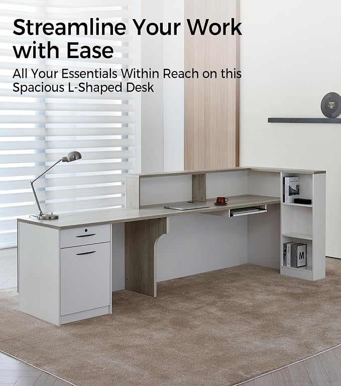 Modern L-Shaped Reception Desk with Counter - 110 Inches Front Desk with Storage Cabinet, Open Shelves, Lockable Drawer & Keyboard Tray for Office, Lobby, Checkout (Oak & Warm White - Right)