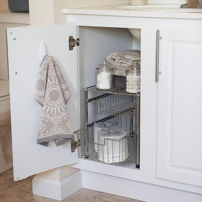Household Essentials Free Standing Two Basket Sliding Cabinet Organizer with Metal Frame, Silver Finish