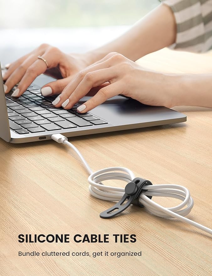 Lamicall 10Pack Silicone Cable Ties Cord Organizer - Reusable Cord Management Wraps, Stretchy Rubber Charger Cable Strap Ties, Skin-Friendly Electrical Wire Keeper for Travel, Home Office Accessories