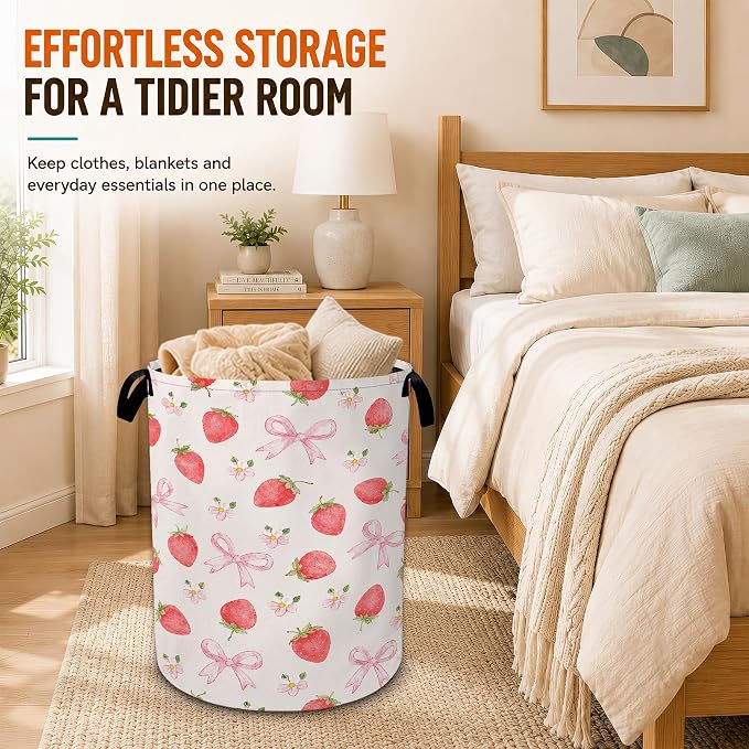Strawberry Laundry Basket,Pink Bow Flower Foldable Oxford Laundry Hamper with Handles,Collapsible Clothes Storage Bucket Tote Bag for Laundry Room,Bathroom,Bedroom,Dorm