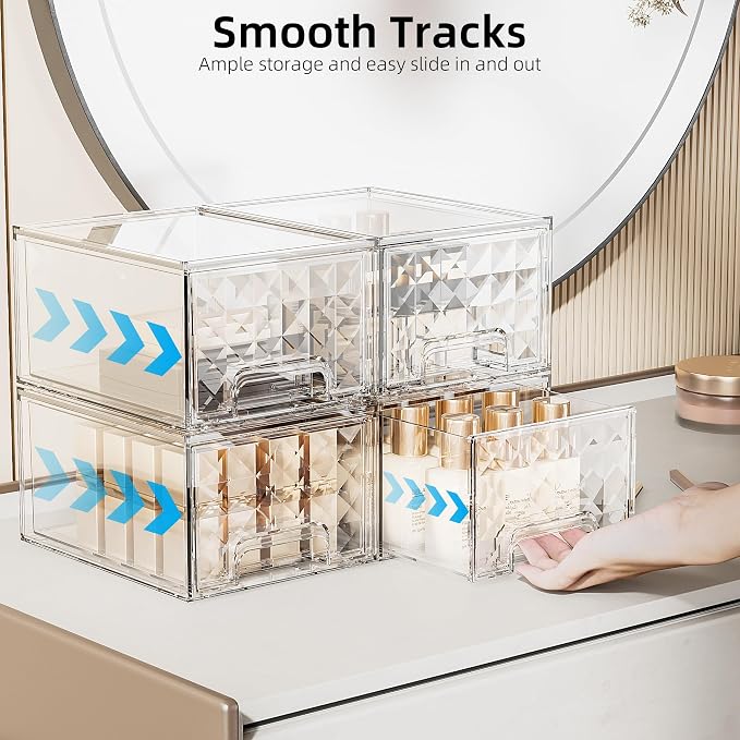 Delamu Stackable Storage Drawers, Makeup, Baby Bottle and Bathroom Cabinet Organizer, Plastic Drawer Organizer for Undersink, Cabinet, Vanity, Kitchen, Pantry, Ideal Gifts for Women, Clear, 4 Pack