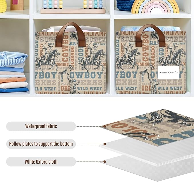 Western Cowboy Horses Retro Vintage 70s 80s Storage Bins for Shelves with Labels&Handles Fabric Organizer Bin Foldable Rectangle Storage Basket Boxes for Closet, Bathroom, Home, Living Room