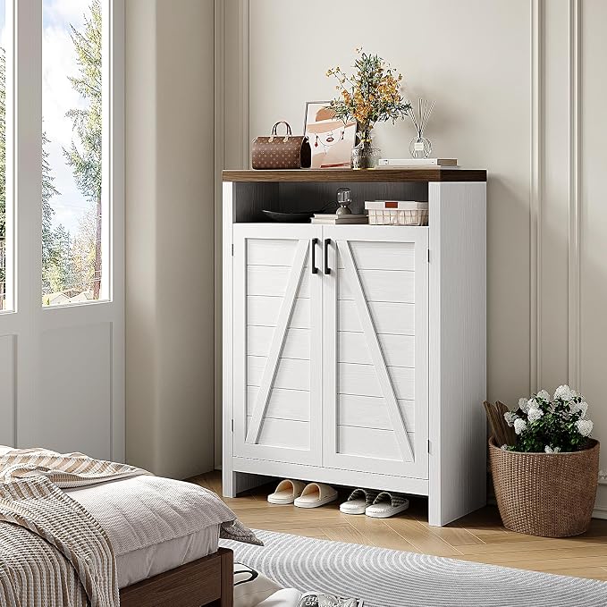 ONBRILL 6-Tier Shoe Cabinet with Doors, Farmhouse Shoe Storage Cabinet with Adjustable Shelves, Large Capacity Wooden Shoe Rack Organizer for Entryway, Closet, Hallway, Living Room, White