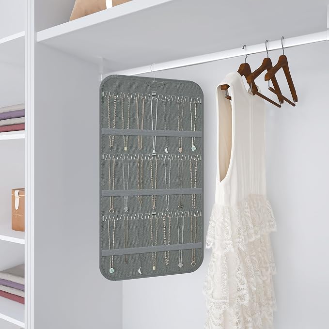 Double-Sided Hanging Jewelry Organizer for Necklaces Earrings, 2-Pack, Grey | Foldable 36 hooks & 40 clear pockets; swivel hook fits walls, doors & rods for earrings, bracelets, rings & small jewelry