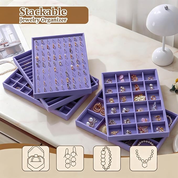 Large Velvet Jewelry Tray 2 Pack Stackable Jewelry Display Drawer Inserts Trays Organizer for Earring Bracelet Necklace Ring (Purple, 40 Grids)