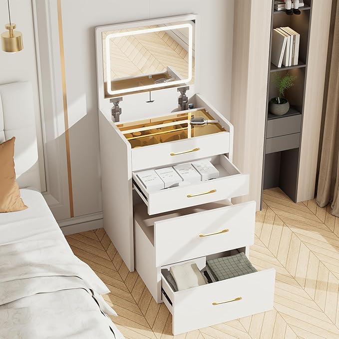 3 in 1 Vanity Desk with Mirror and Lights,Small Make Up Vanity Set with Visible Glass Desktop,Compact Makeup Vanity with 3 Drawers & Chair, Dressing Table for Bedroom
