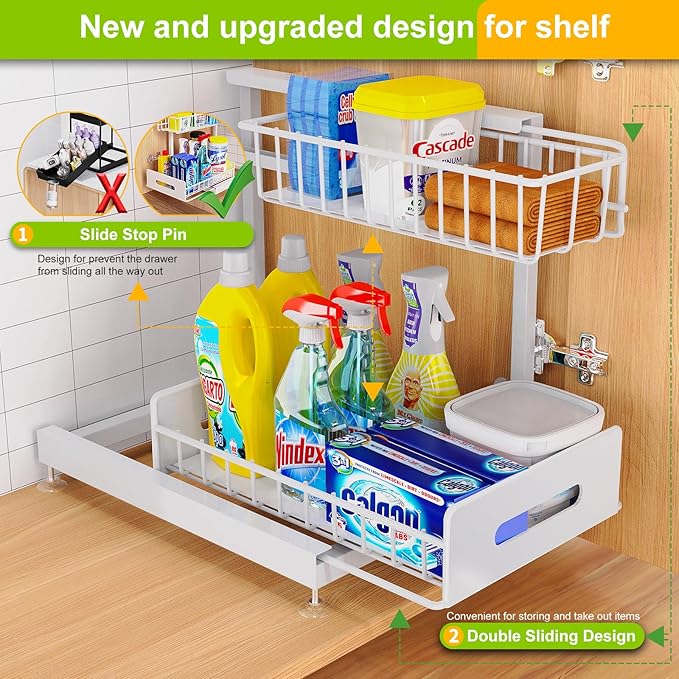 2 Pack Under Sink Organizer and Storage,Pull Out Cabinet Organizer 2 Tier Slide Out Sink Shelf Cabinet Organizer Adjustable Metal Under Counter Organizers for Kitchen Bathroom Organization（White）
