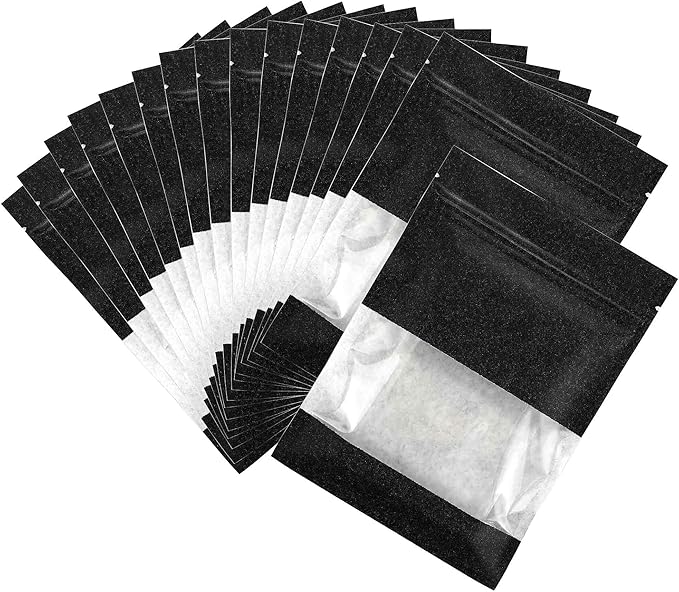 100PCS Resealable Kraft Paper Packaging Bags with Clear Window, Food Grade Heat Sealed Zipper Pouches for Coffee, Tea, Nuts, Snacks, Cookies (Black, 13 * 18CM/5.0"*7.1"-100PCS)