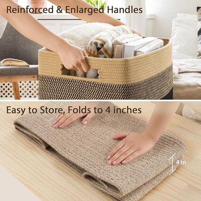 Optish 95L Large Blanket Basket, Woven Rope Storage Basket with Handles for Organizing Clothes and Toys for Bedroom, Bathroom, Nursery, Decorative Storage Bin, 24” x 17” x 13.5”, Brown