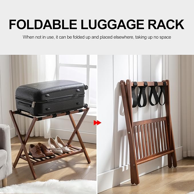Luggage Racks Suitcase Stand Foldable With Storage Shelf For Guest Room Hotel Essentials Solid Bamboo Heavy-Duty Item Holder Chestnut Brown