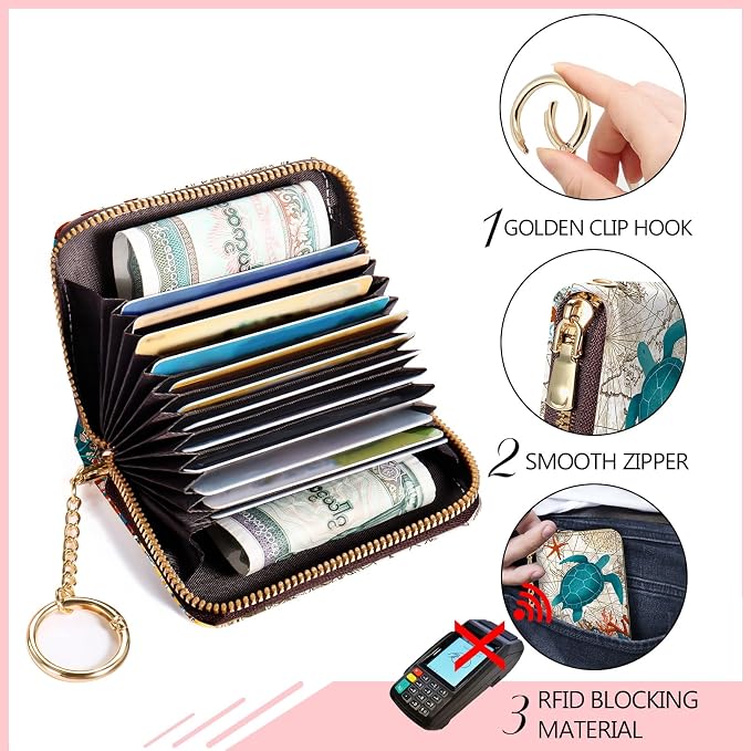 Blusabaca RFID Credit Card Holder Small Women Travel Wallet, Sea Turtle | Removable Keychain, Case with Zipper, Vegan PU Leather, Cash Coin Pocket, Business Accordion Purse, Ladies Female Gift