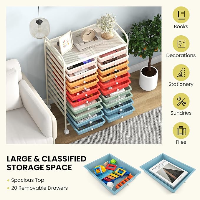 LDAILY 20-Drawer Rolling Storage Cart, Rolling Storage Cart, Storage Organizer on Wheels, Metal Frame, Scrapbook Paper Tools, Suitable for Office School, Classroom (Macaron, 20 Drawer)