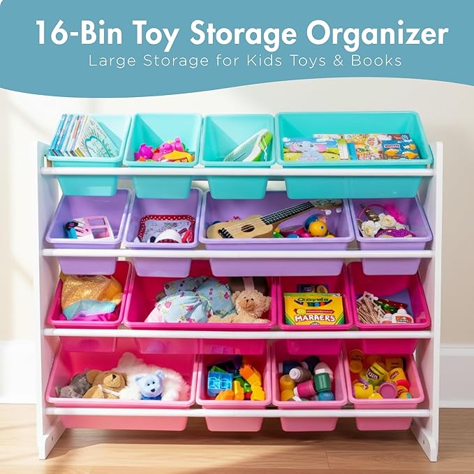 Humble Crew Toy Storage Organizer with 16 Removable Storage Bins for Kids Playroom, 4-Tier Toddler Toy Organization and Storage, White/Blue/Pink/Purple