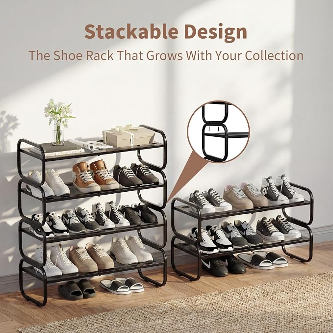 4Tier Shoe Rack - Expandable Shoe Organizer for Closet, Adjustable Metal Shoe Shelf Storage, Stackable Long Shoe Stand Holder for Garage, Entryway, Door Entrance