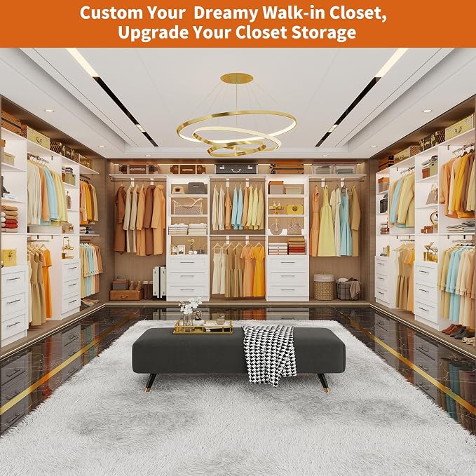 Closet System with 6 Drawers, 6-13FT Closet Organizer System Wood with 8 Shelves & 6 Expandable Hanging Rods, Closet Systems Kit for Walk in Closets, Modular Closet Organizer Systems, 2 Sets,White