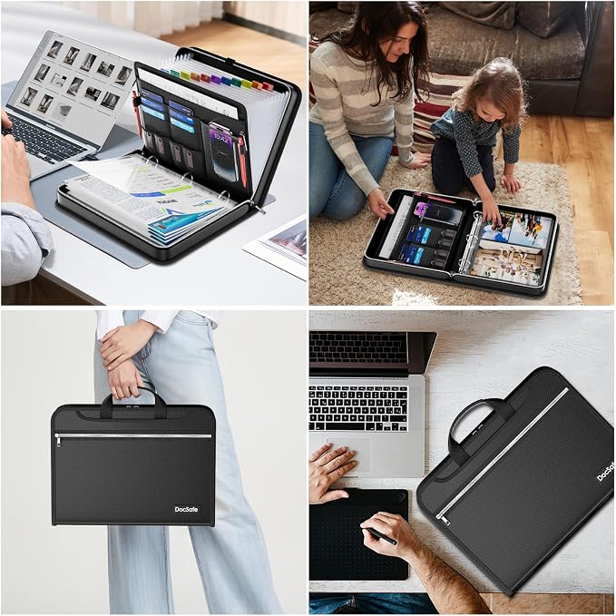 DocSafe File Organizer Zipper Binder with 30 Sheet Protector,Fireproof Accordion 12-Tab Expanding File Folder with Multiple Pockets,Home School Office Safe Storage for Documents,1.5-Inch O-Ring,Black