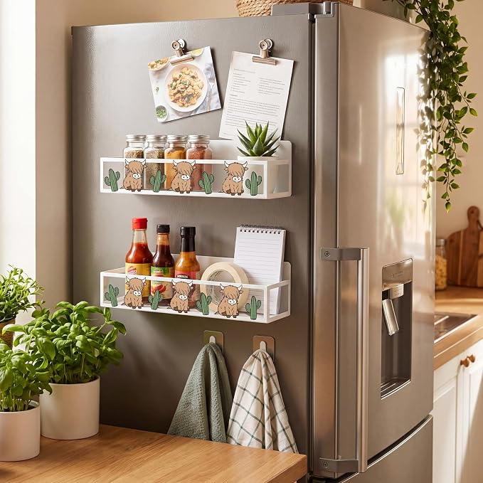Beeveer 2 Pack Magnetic Spice Rack for Refrigerator Cute Highland Cow Cactus Farmhouse Kitchen Decor Spice Storage Rack Fridge Organizer Multi Purpose Magnet Shelf for Refrigerator Laundry Coffee Bar