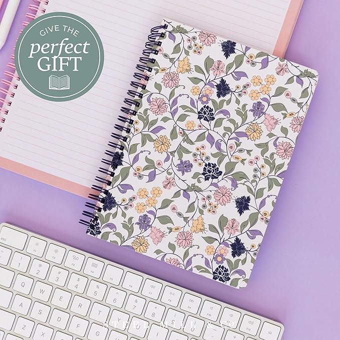 Steel Mill & Co Cute Floral Mini Spiral Notebook, 8.25" x 6.25" Journal with Durable Hardcover and 160 Lined Pages, Purple Vine Ditsy