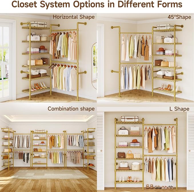 ONBRILL H2 Wall Mounted Clothing Rack, Expandable Industrial Pipe Clothes Rack Garment Racks for Hanging Clothes, Heavy Duty Closet Organizers and Storage in Closet System, Gold