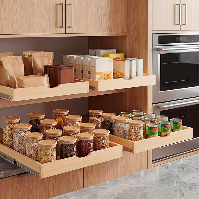 Menkxi 2 Set Wooden Pull out Cabinet Organizer Fully Assembled Slide out Pantry Drawer with Gentle Close Storage Shelf Tray for Base Kitchen Under Sink Bathroom Accessory(Wood Color,27'' X 21'' X 3")