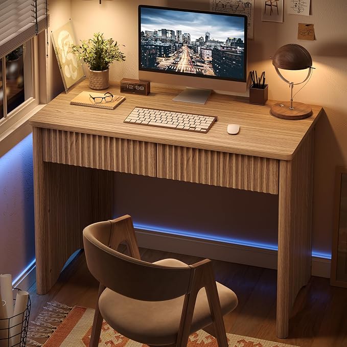 Bestier 40-Inch Fluted Wood Computer Desk with 2 Silent Drawers, Light Wood | Vertical Fluted, 2 Storage Drawers Silent Damping, 40x20 in, 30in Ergonomic, Scratch-Resistant Melamine, Non-Slip Pads