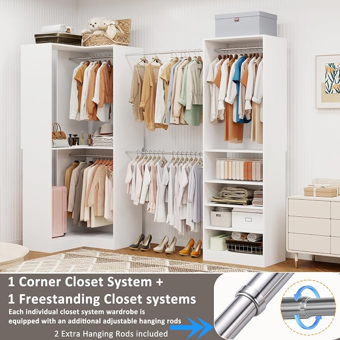 Closet System with 2 Sets, 5FT-10FT Closet Organizer System with 5 Hanging Rods& Adjustable Shelves, Corner Walk in Closet Free Standing Closet System, Modular Closet System, White