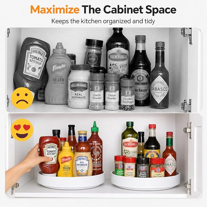 CTIME 11.8 in Lazy Susan Turntable, High Fence, Pantry or Cabinet Organizer for Spices, Condiments, and Bottles, White Plastic