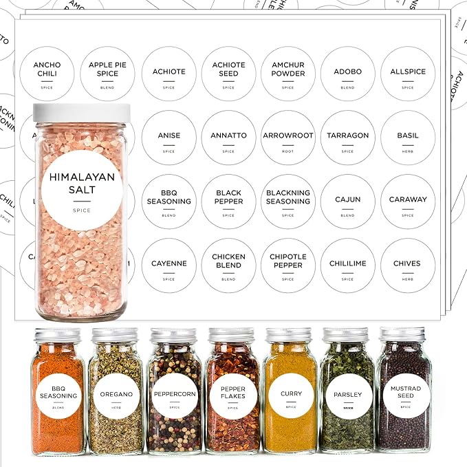 140 Spice Jar Labels, Black Text on White, 1.5" Round | Waterproof, Matte Backing, Seasoning Stickers, For Spice Containers/Bottles, Kitchen Organization Storage