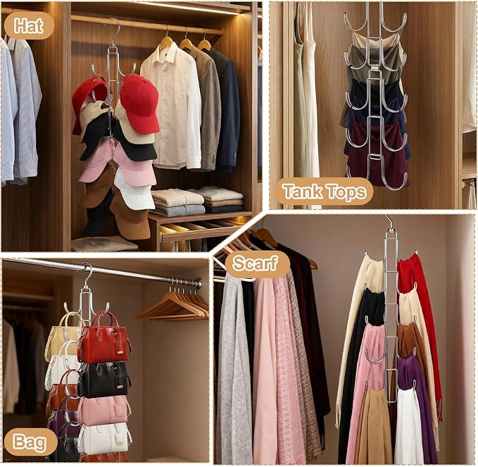 4 Pack Purse Organizer for Closet, Purse Hanger with 10 Big Hooks, 360 Degree Rotation Bag Holder for Organizer&Display, Foldable Space Saving Hangers Rack for Handbag, Belt, Scarf, Tie